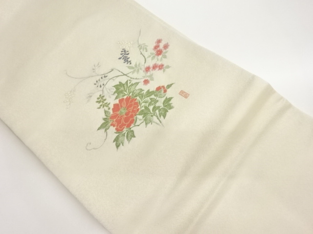 作家物　牡丹に草花模様織出し名古屋帯